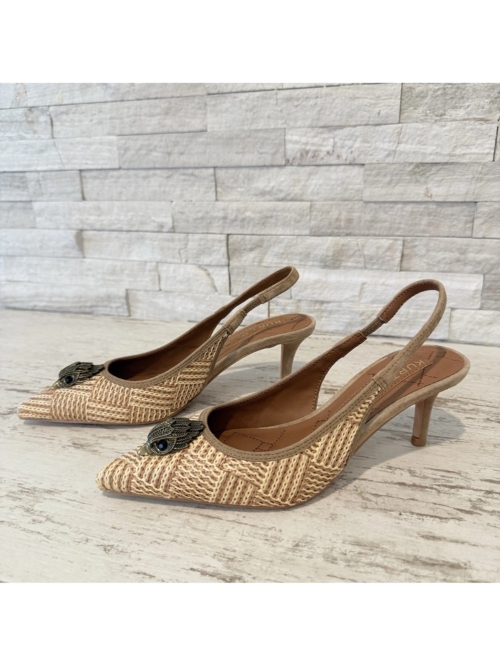 Kurt Geiger London Belgravia Slingback Raffia Woven Heels Beige Combo Size 36 EU - Picture 14 of 15